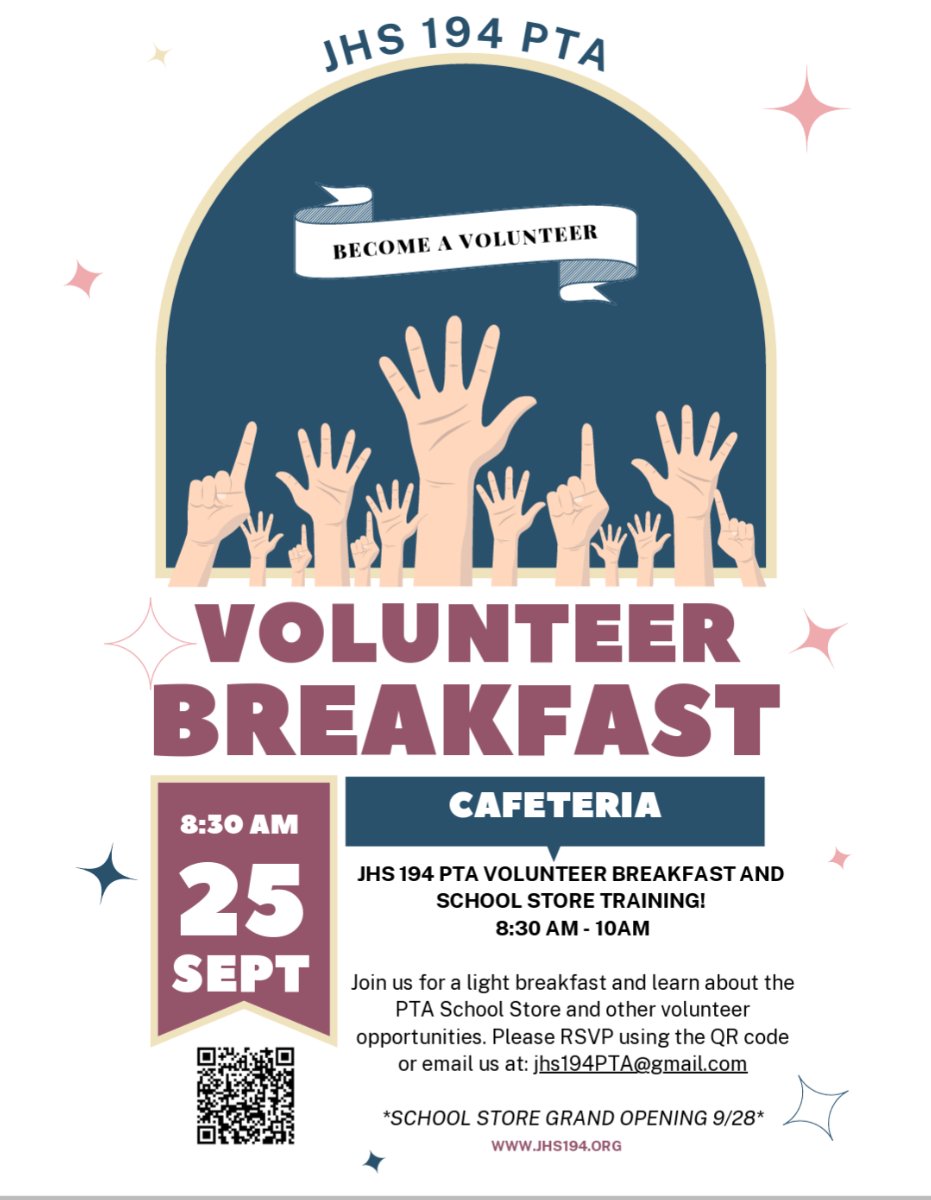 PTA Volunteer Breakfast 9/25 8:30-10AM